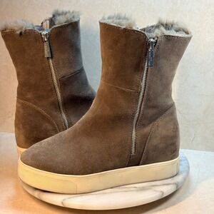 J Slides NYC Winnie Taupe Suede Fur Lined Wedge Heel Boots Women Size 8M Winter